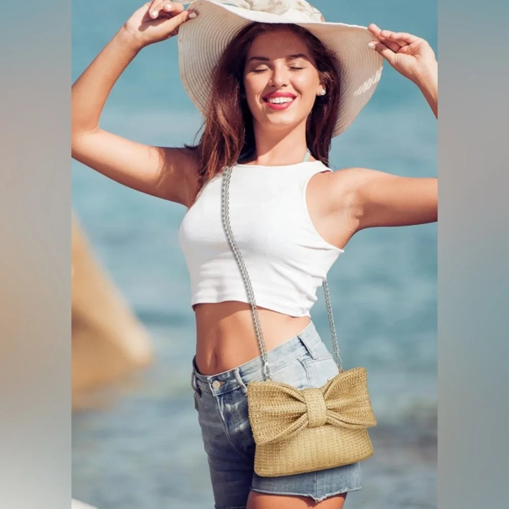 Adorable bow straw beach summer boho handbag shoulder bag - Picture 2 of 3